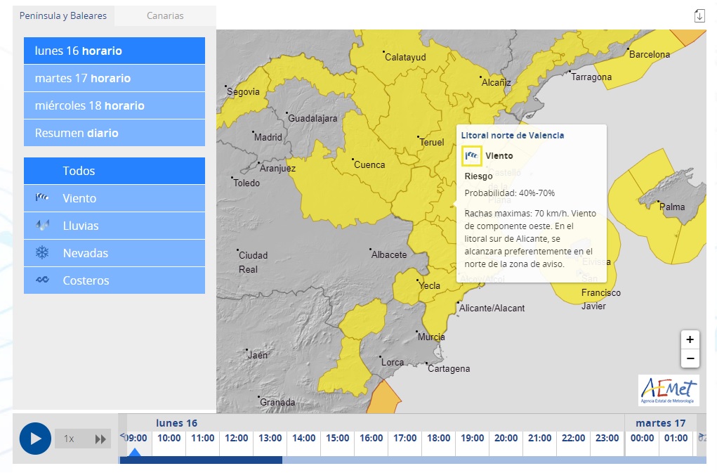 Aviso AEMET lunes 16