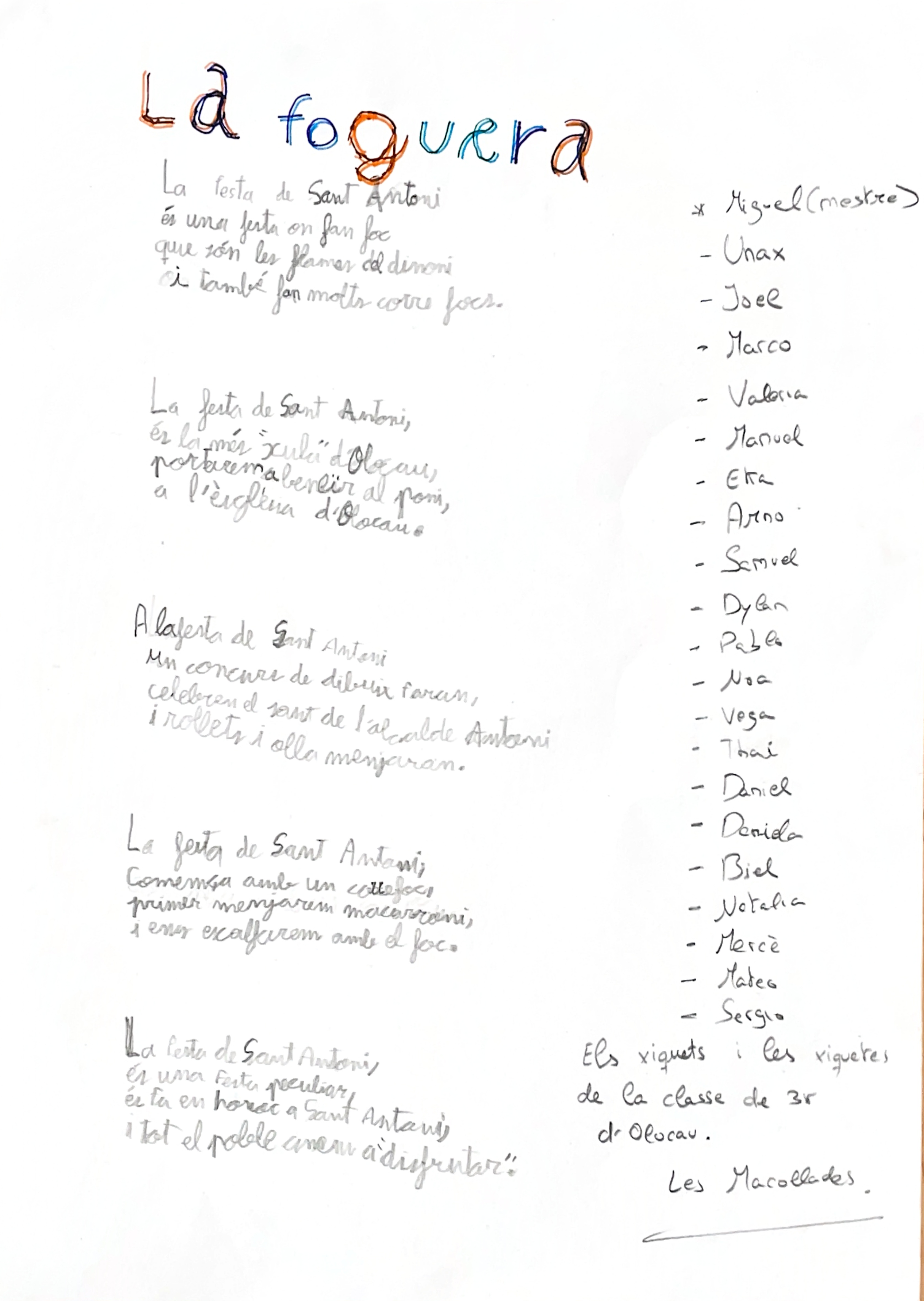 Poema Hoguera San Antonio 3&ordm; Primaria CRA Alt Carraixet - Col&middot;legi Mestre Ferran Zurriaga