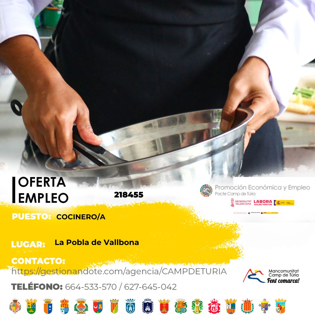 Oferta de empleo - Cocinero-a en la Pobla de Vallbona