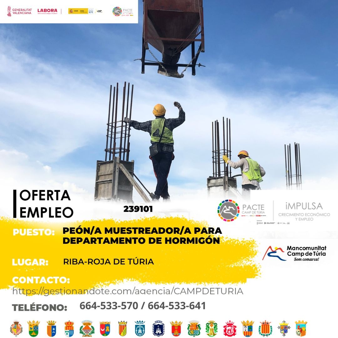 Oferta de empleo - Pe&oacute;n-a muestreador-a para departamento de hormig&oacute;n en Riba-roja de T&uacute;ria