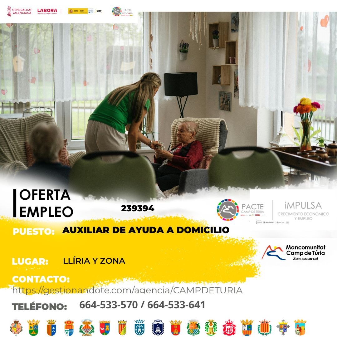 Oferta de empleo - Auxiliar de ayuda a domicilio en Ll&iacute;ria y zona
