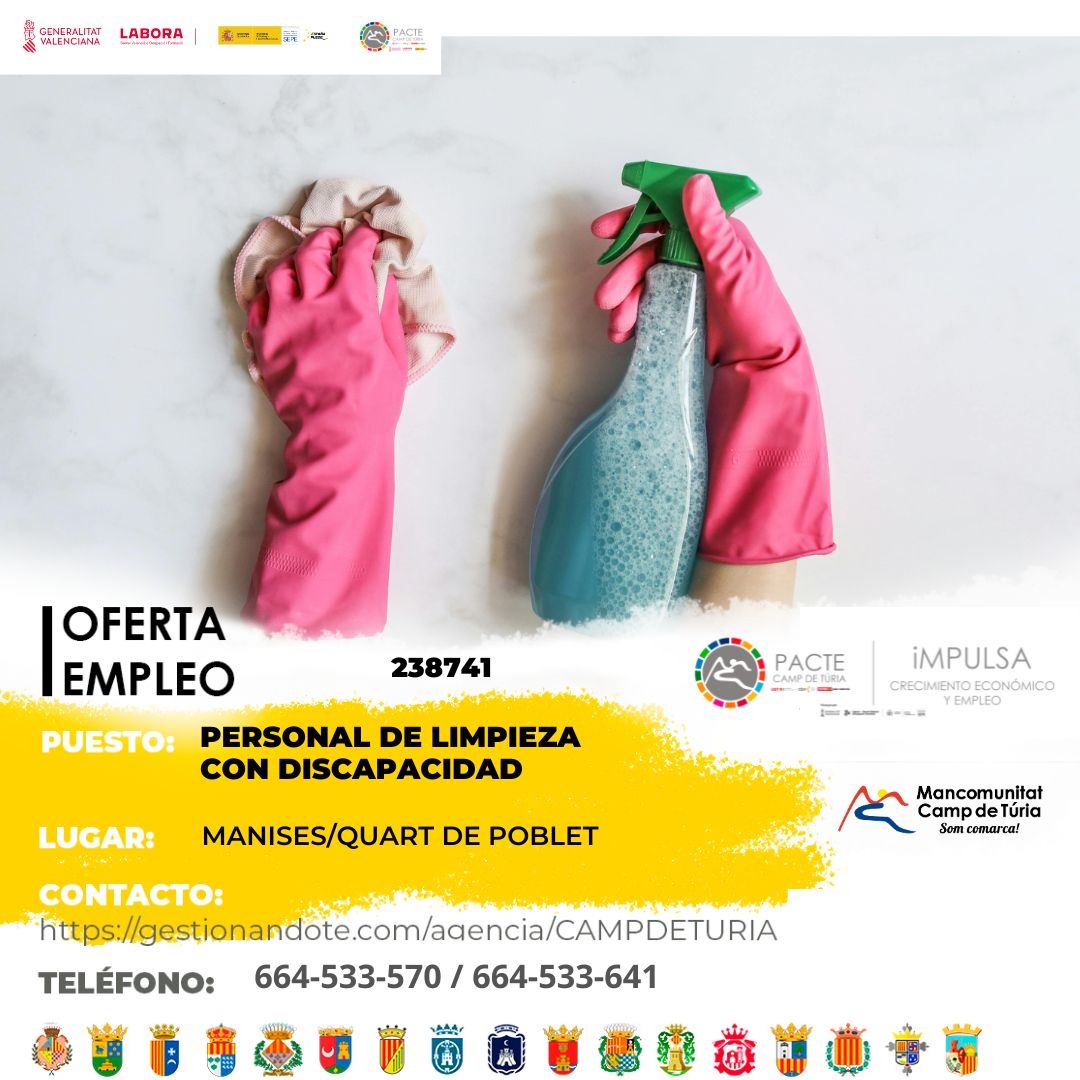 Oferta de empleo - Personal de limpieza con discapacidad en Manises-Quart de Poblet