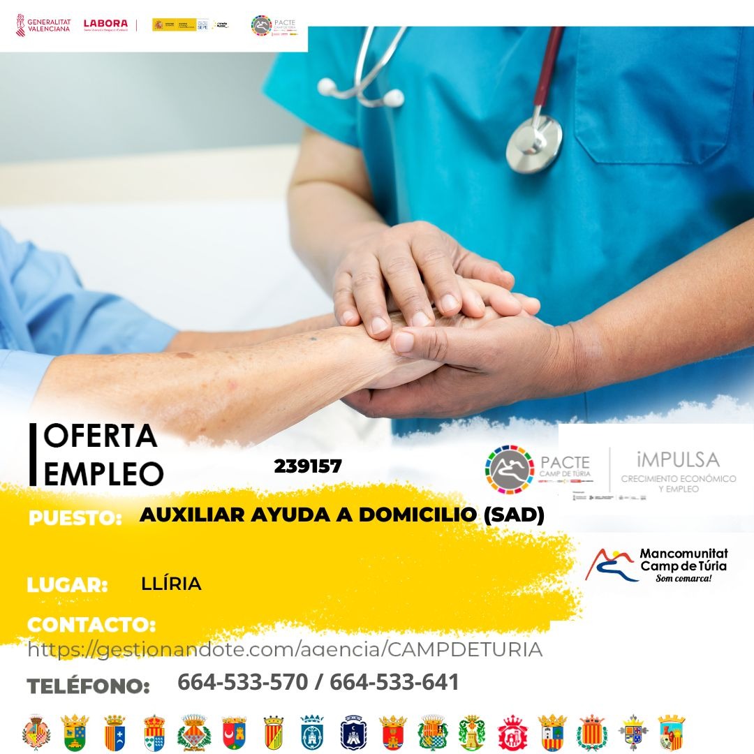 Oferta de empleo - Auxiliar ayuda a domicilio (SAD) en Ll&iacute;ria