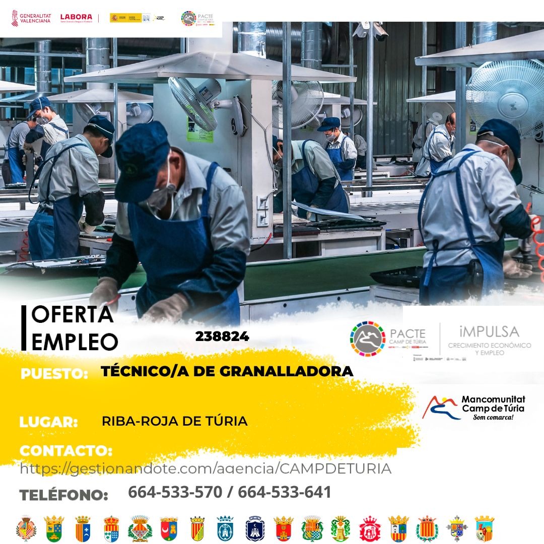 Oferta de empleo - T&eacute;cnico-a de granalladora en Riba-roja de T&uacute;ria