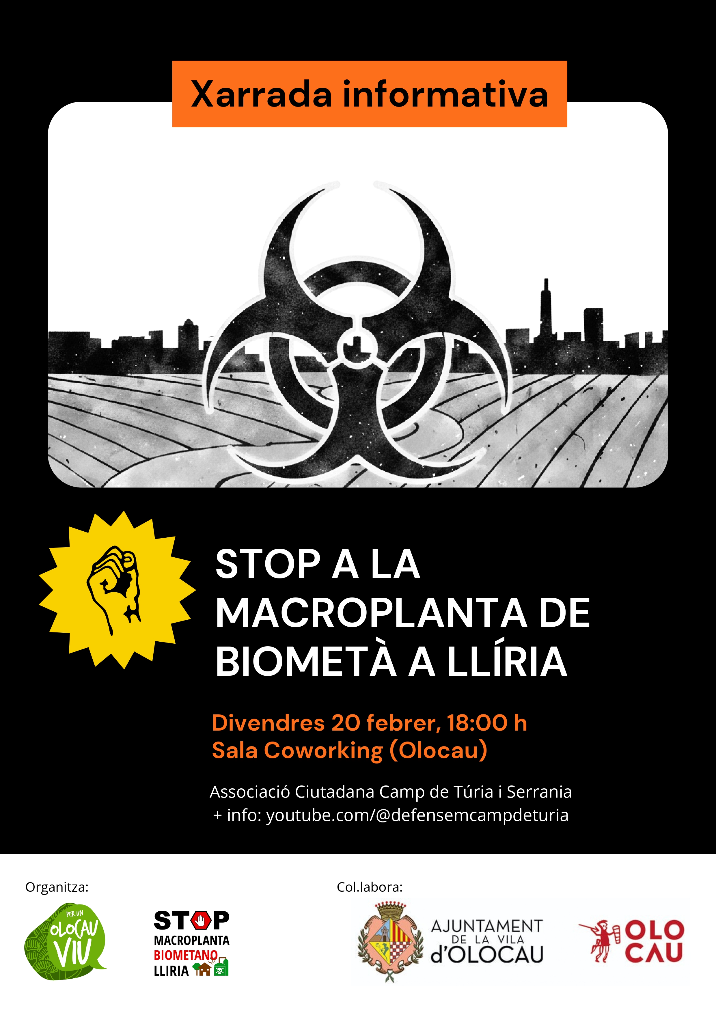 Cartel Charla informativa &lsquo;Stop a la macroplanta de biomet&agrave; a Ll&iacute;ria&rsquo; Olocau