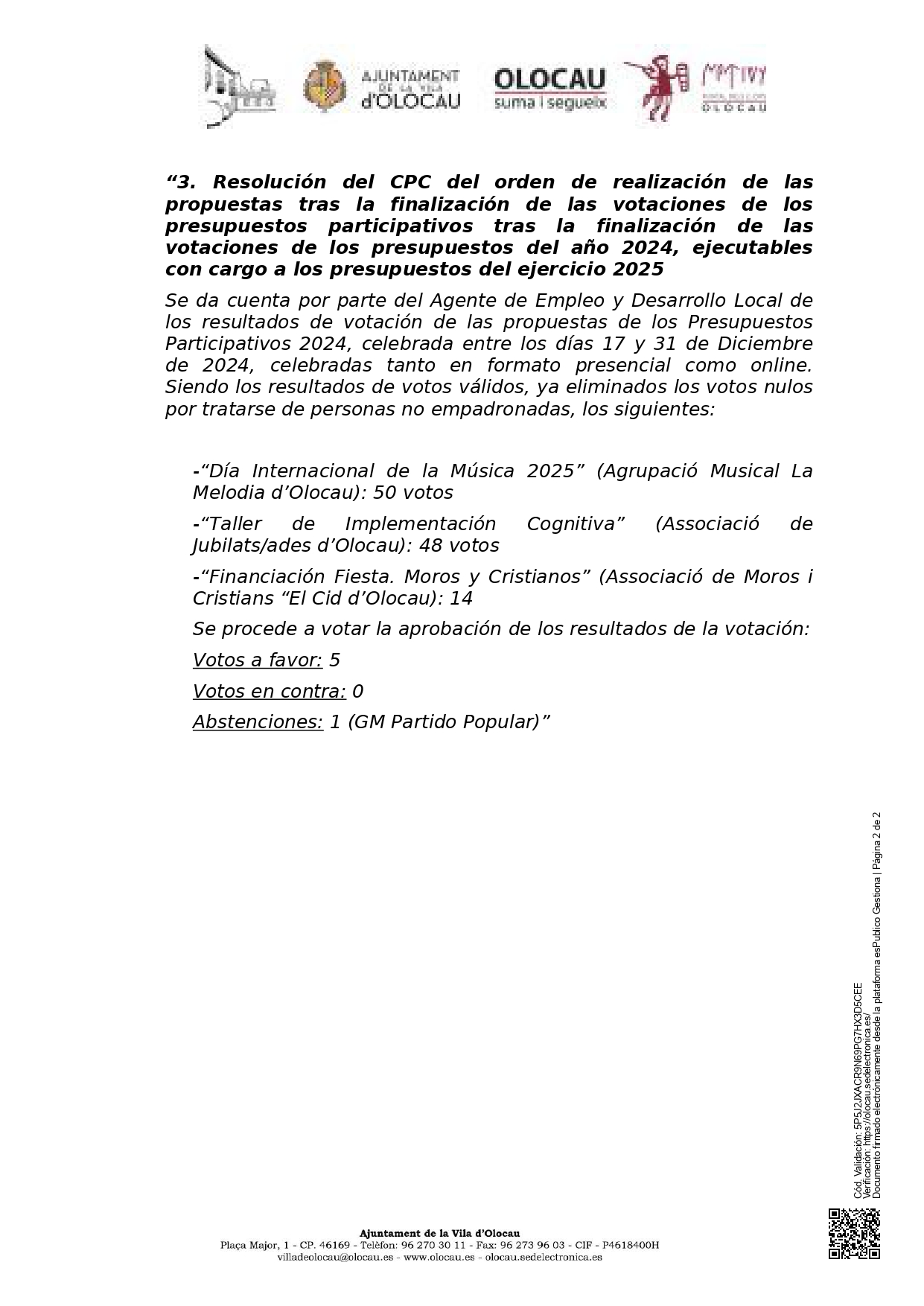 Resultado votaci&oacute;n Presupuestos Participativos Olocau 2024 - 2