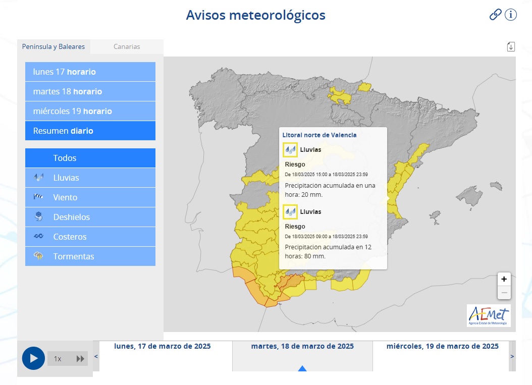 Avisos AEMET 18 marzo