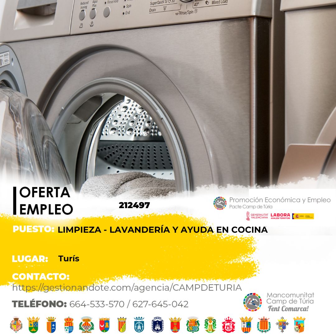 Oferta de empleo - Limpieza - Lavander&iacute;a y ayuda en cocina en Tur&iacute;s