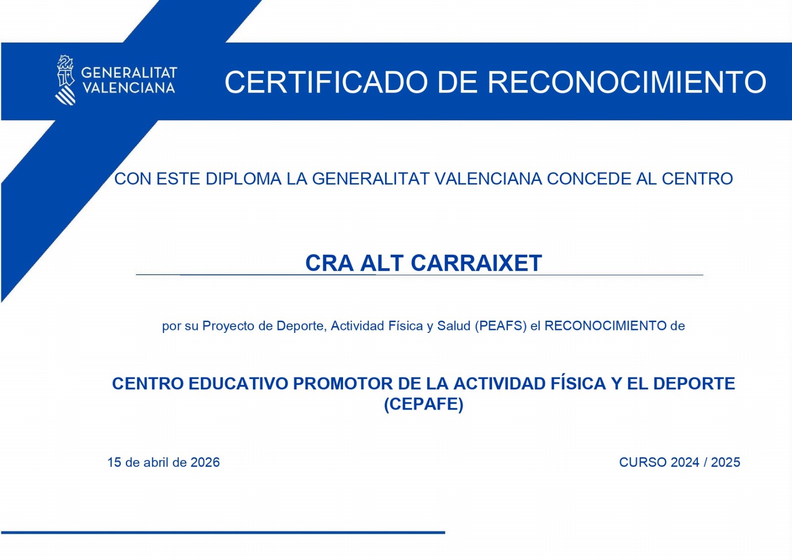 Certificado Escuela CEPAFE 2024-2025 CRA Alt Carraixet