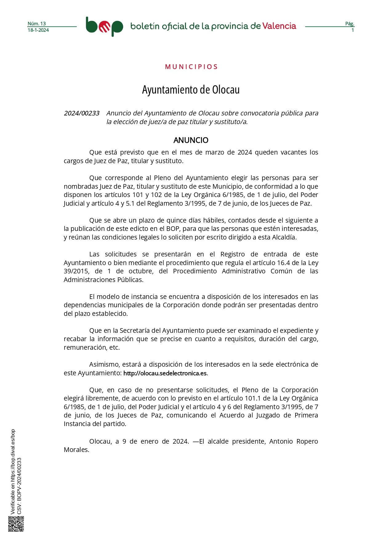 Anuncio BOP - Juez de Paz titular y sustituto Olocau