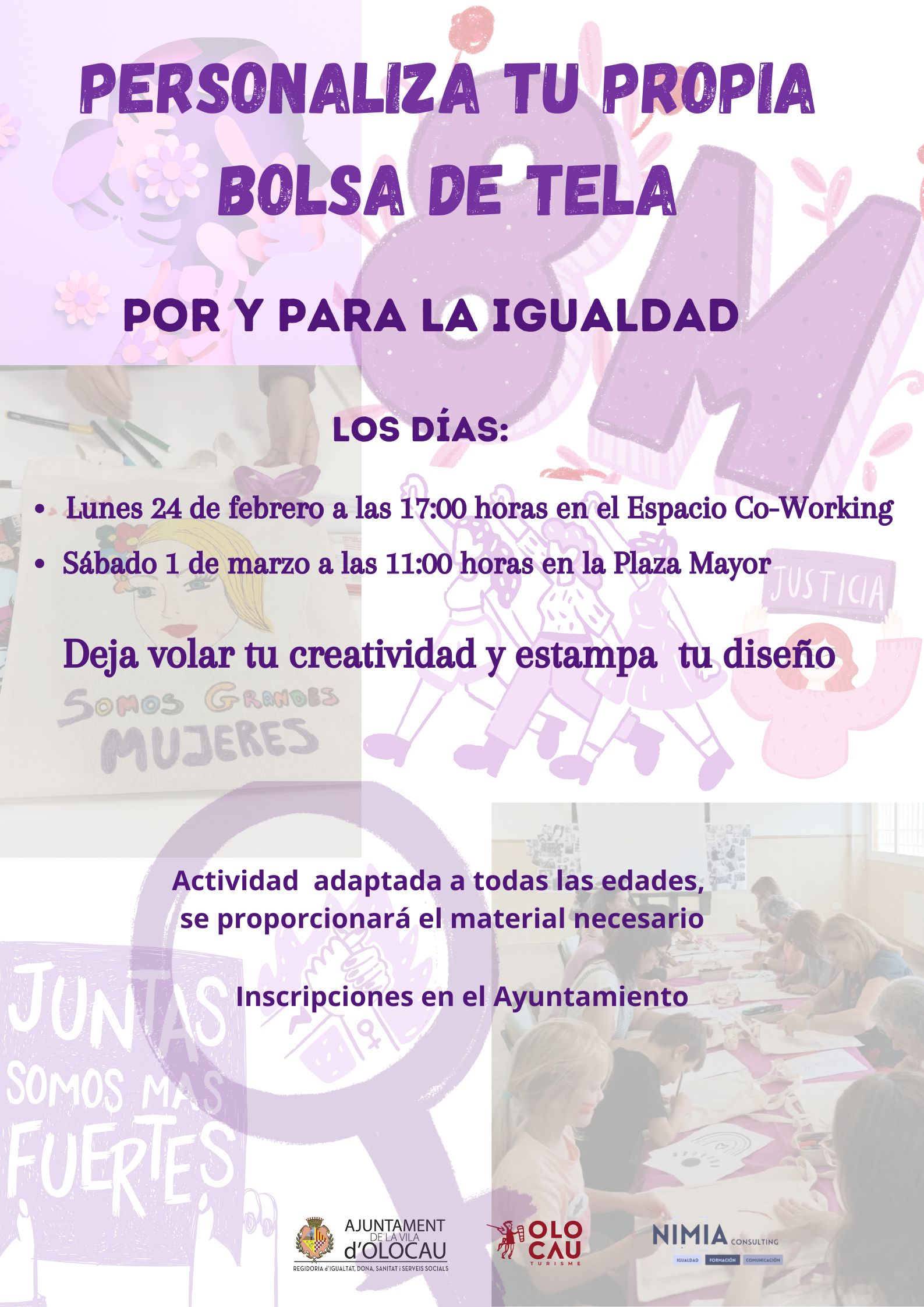 Cartel taller de personalizaci&oacute;n de bolsas de tela por y para la igualdad Olocau