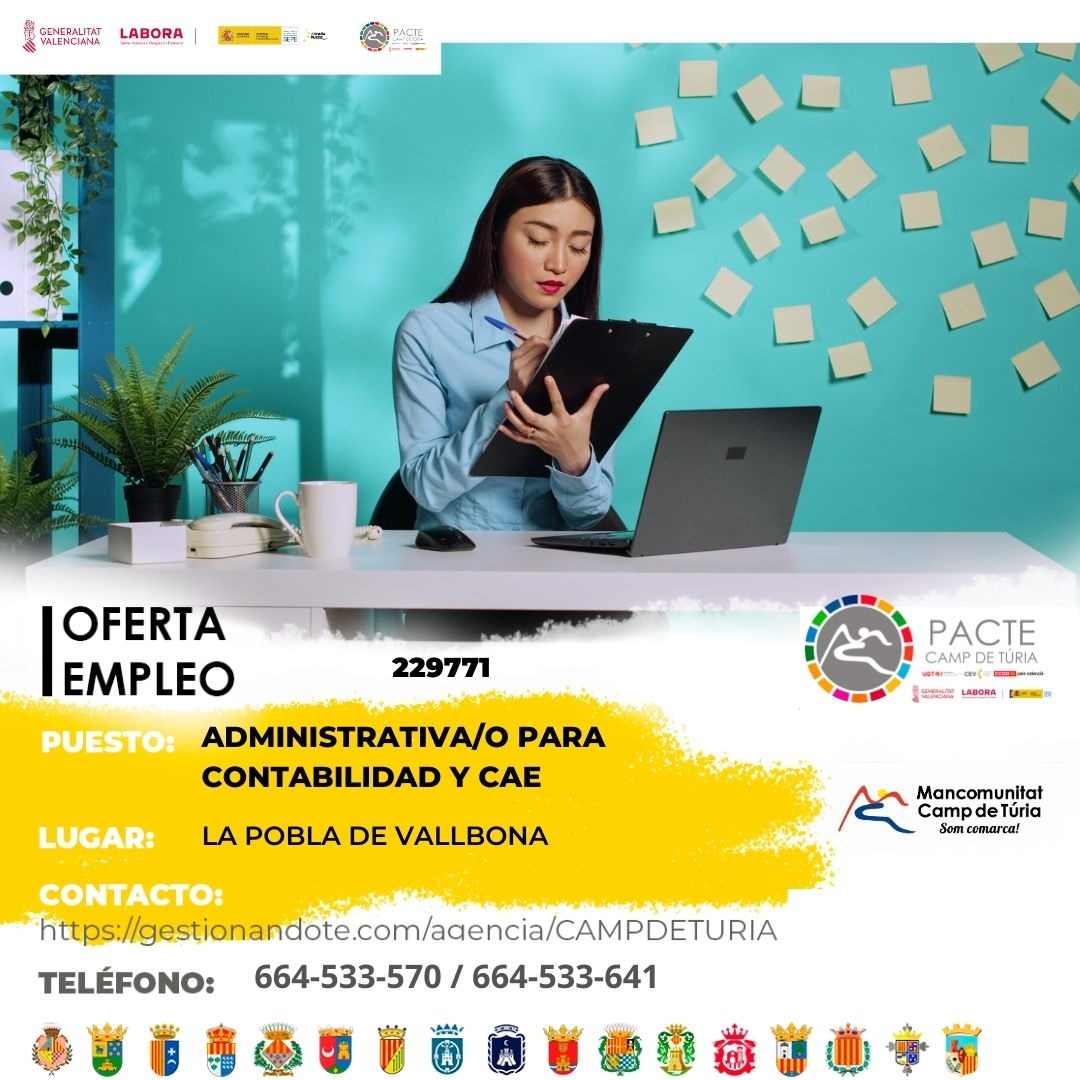 Oferta de empleo - Administrativa-o para contabilidad y CAE en la Pobla de Vallbona
