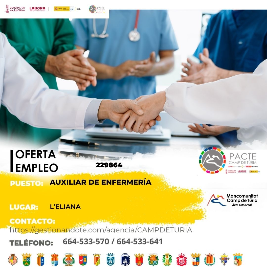 Oferta de empleo - Auxiliar de enfermer&iacute;a en l'Eliana
