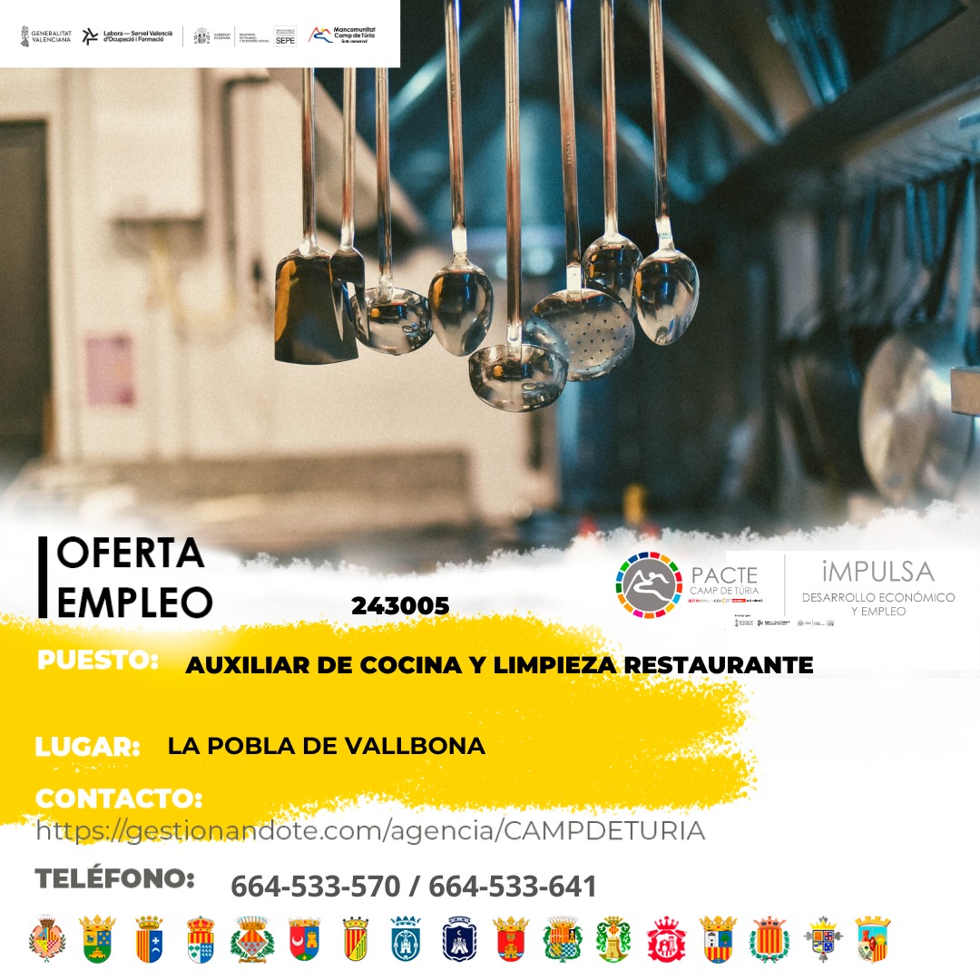 Auxiliar de cocina y limpieza restaurante en la Pobla de Vallbona