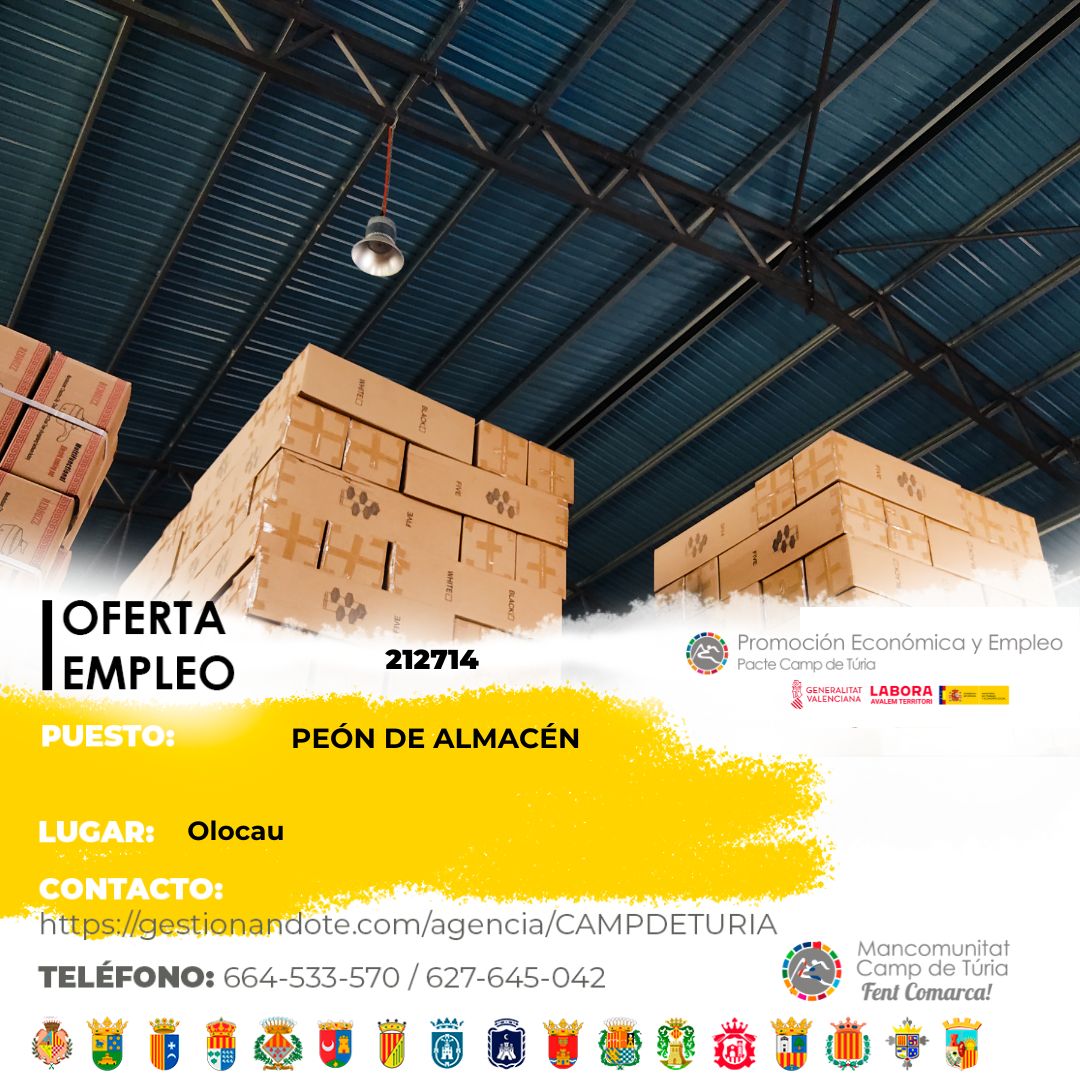 Oferta de empleo - Pe&oacute;n de almac&eacute;n en Olocau