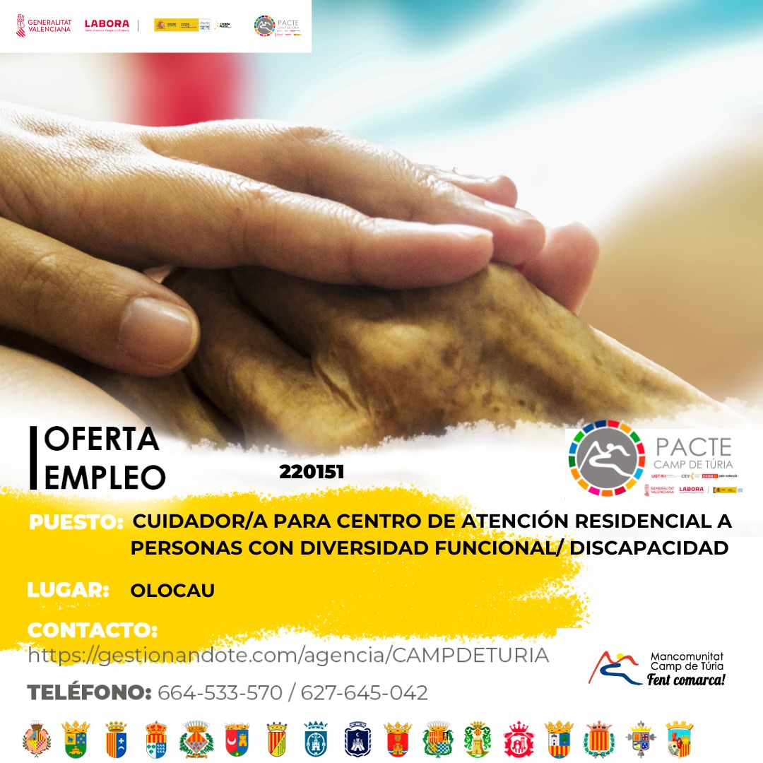 Oferta de empleo - Cuidador-a para centro de atención residencial a personas con diversidad funcional-discapacidad en Olocau