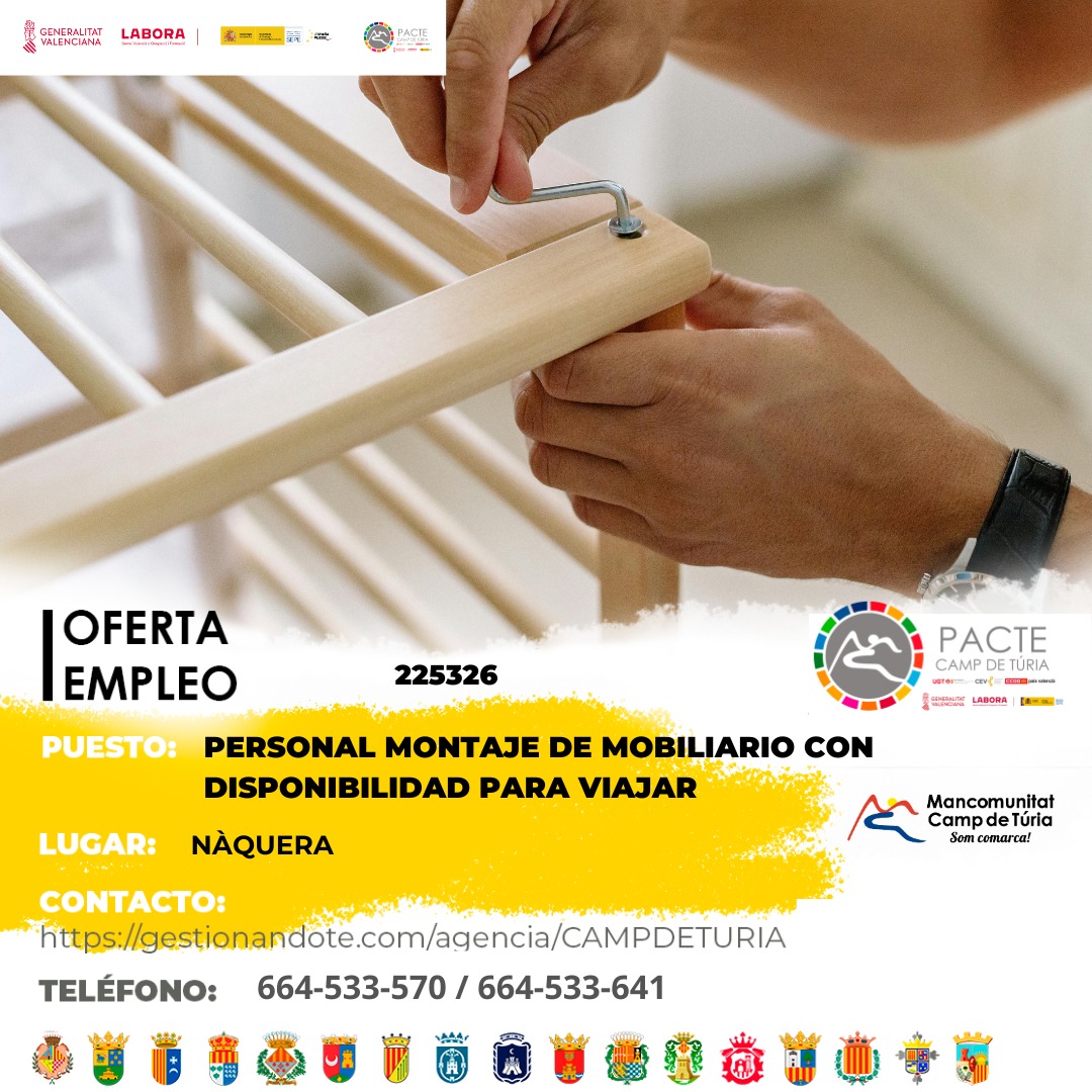 Oferta de empleo - Personal montaje de mobiliario con disponibilidad para viajar en N&aacute;quera