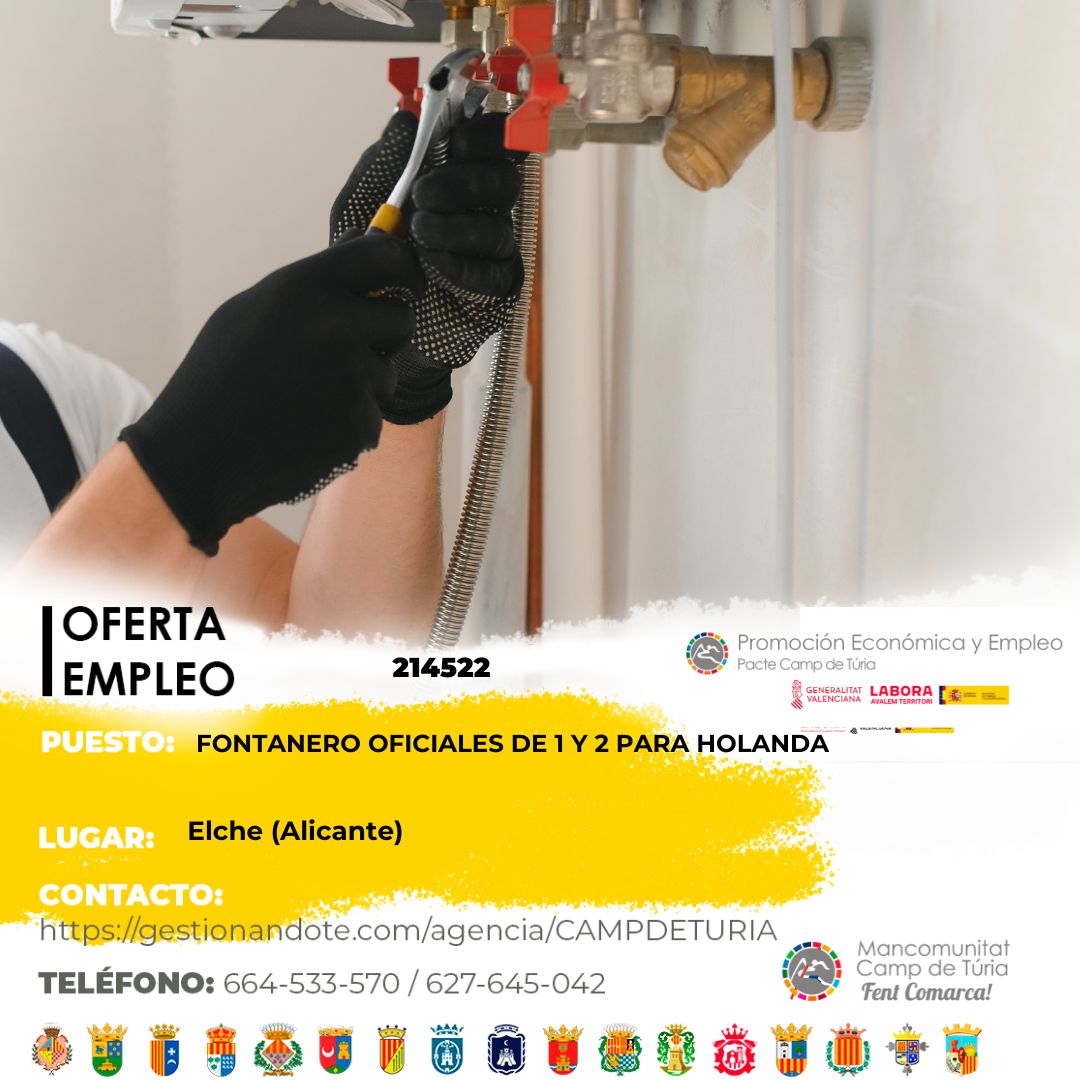 Oferta de empleo - Fontanero oficiales de 1 y 2 para Holanda en Elche