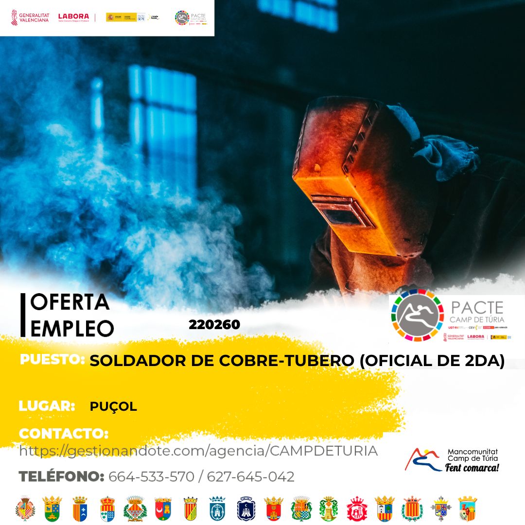 Oferta de empleo - Soldador de cobre-tubero (oficial de 2&ordf;) en Pu&ccedil;ol