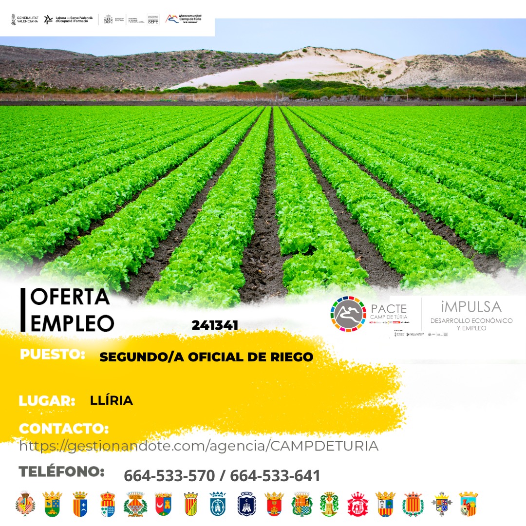 Oferta de empleo - Segundo-a oficial de riego en Ll&iacute;ria