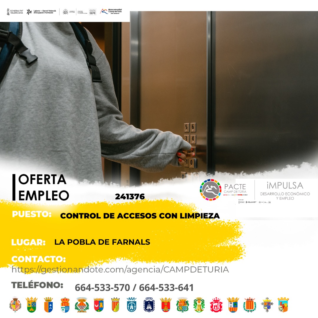 Oferta de empleo - Control de accesos con limpieza en la Pobla de Farnals