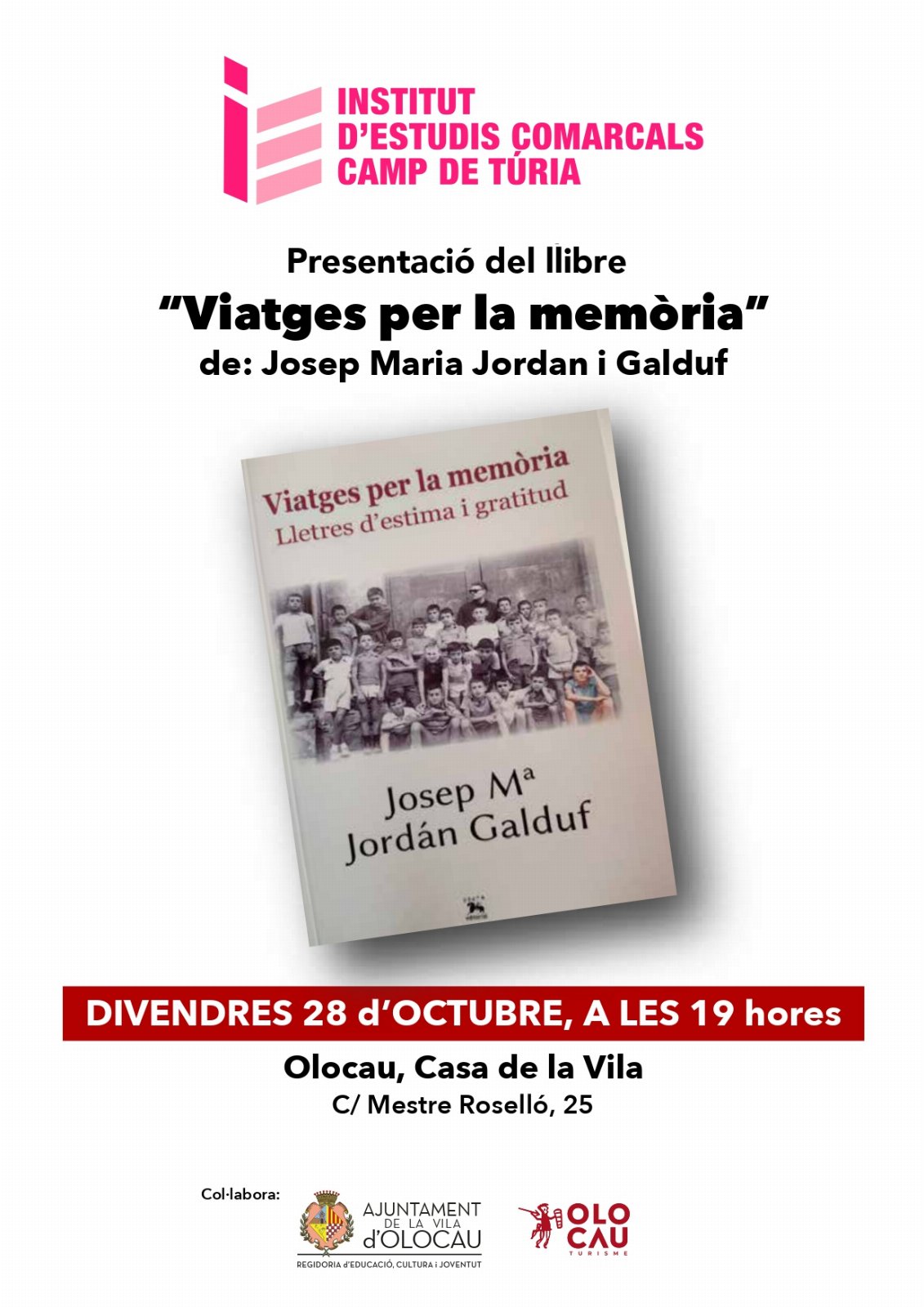 Cartel - Presentación del libro ‘Viatges per la memòria’, de Josep Maria Jordan i Galduf, en Olocau
