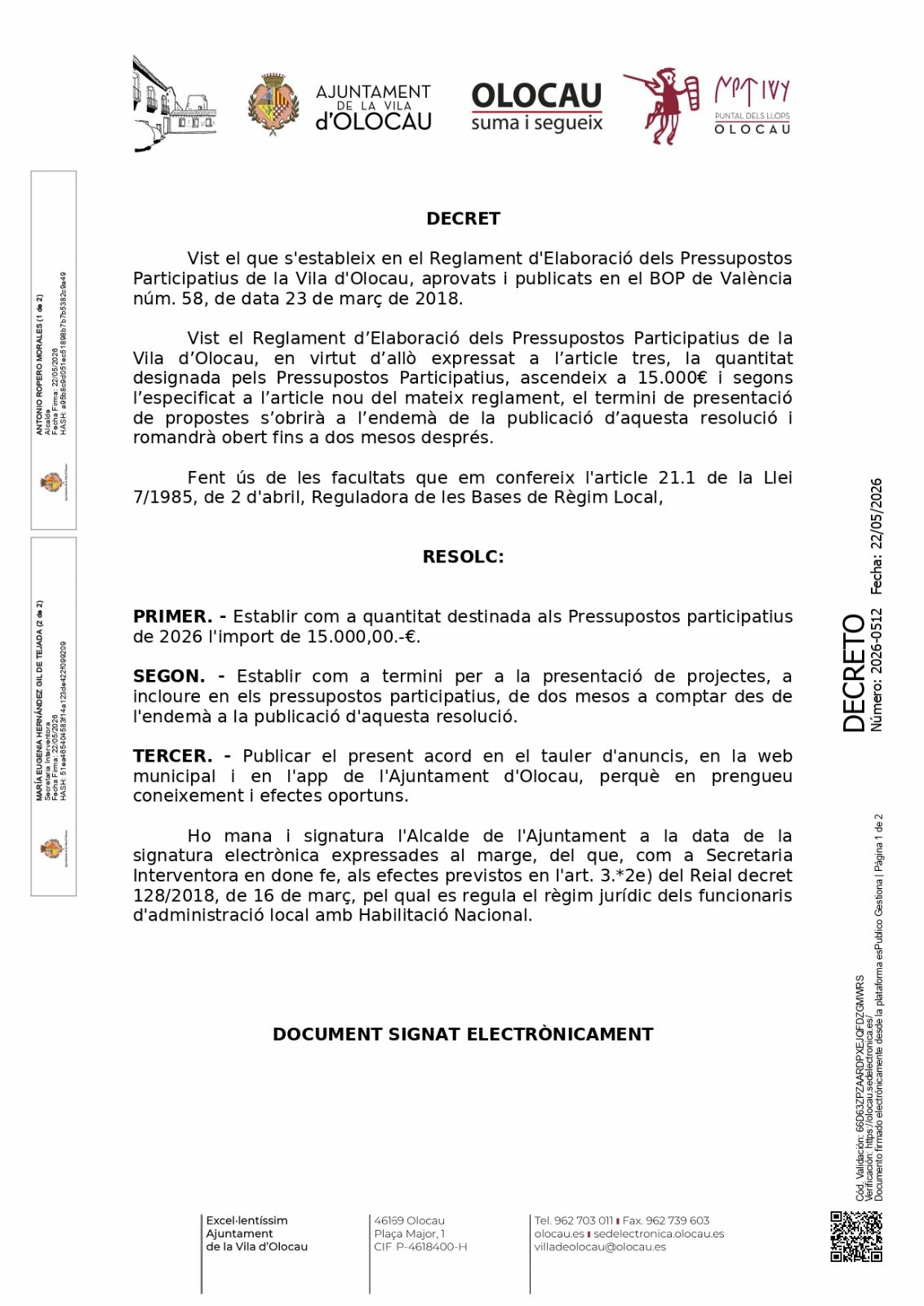 Informació sobre els Pressupostos Participatius de 2026 Olocau