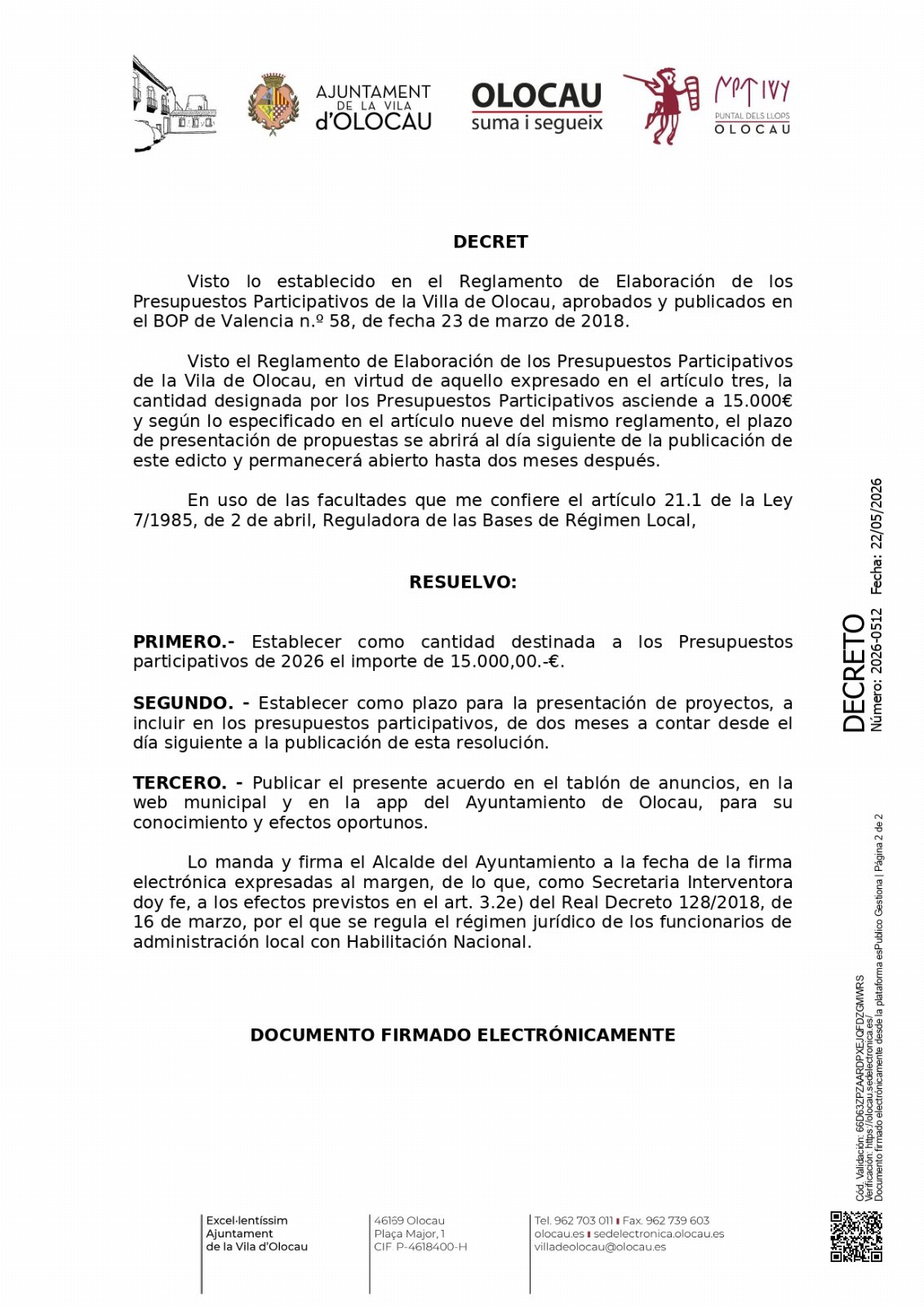 Información sobre los Presupuestos Participativos de 2026 Olocau
