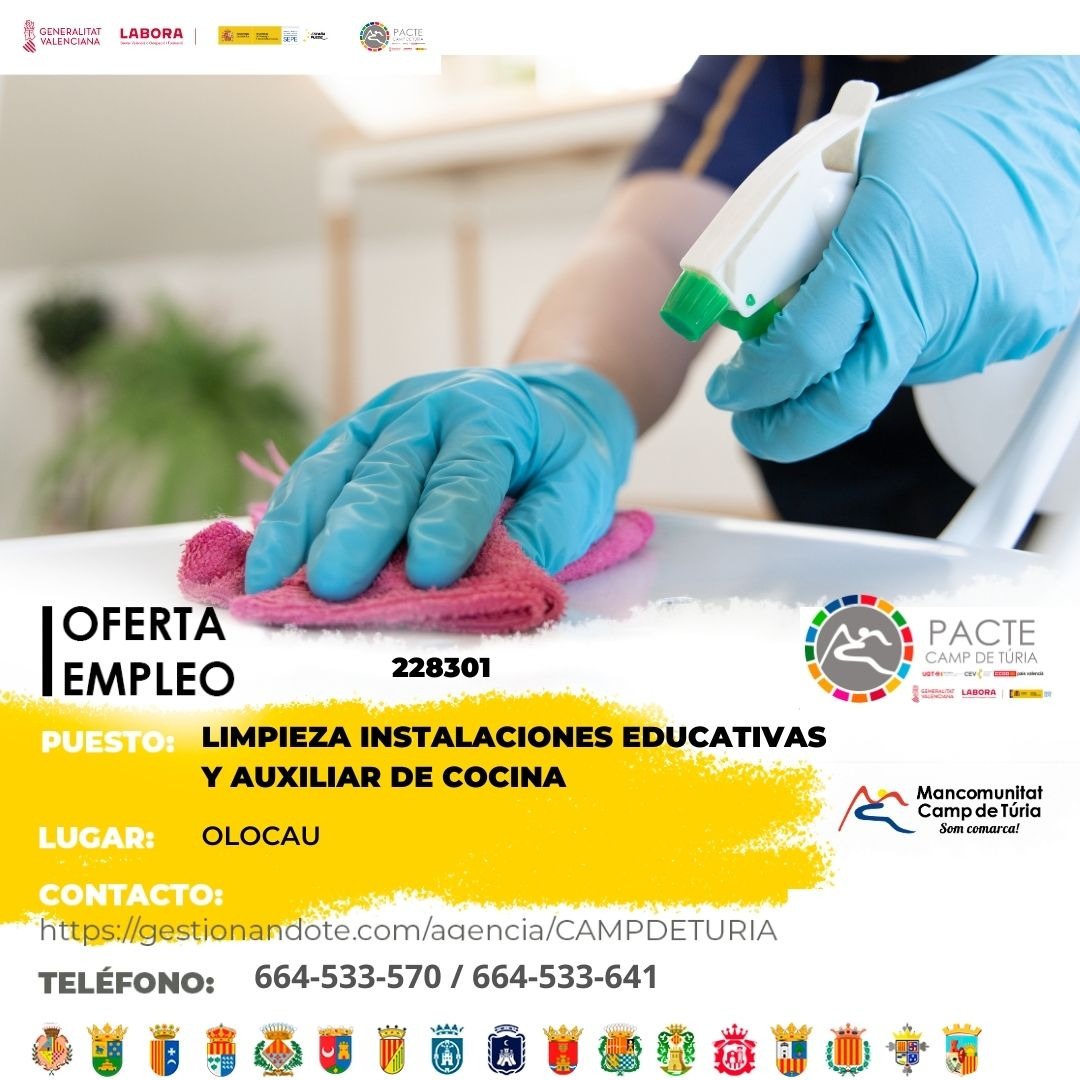 Oferta de empleo - Limpieza instalaciones educativas y auxiliar de cocina en Olocau