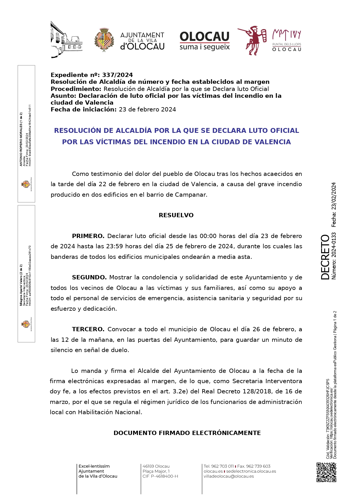 Resoluci&oacute;n Decreto de Alcald&iacute;a - Decreto de luto oficial Olocau