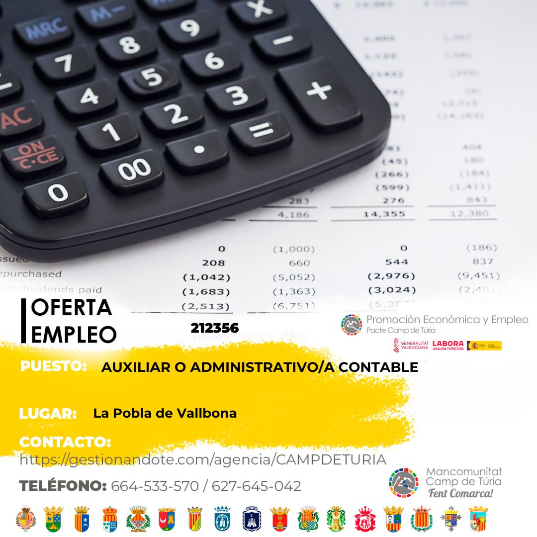 Oferta de empleo - Auxiliar o administrativo/a contable en la Pobla de Vallbona