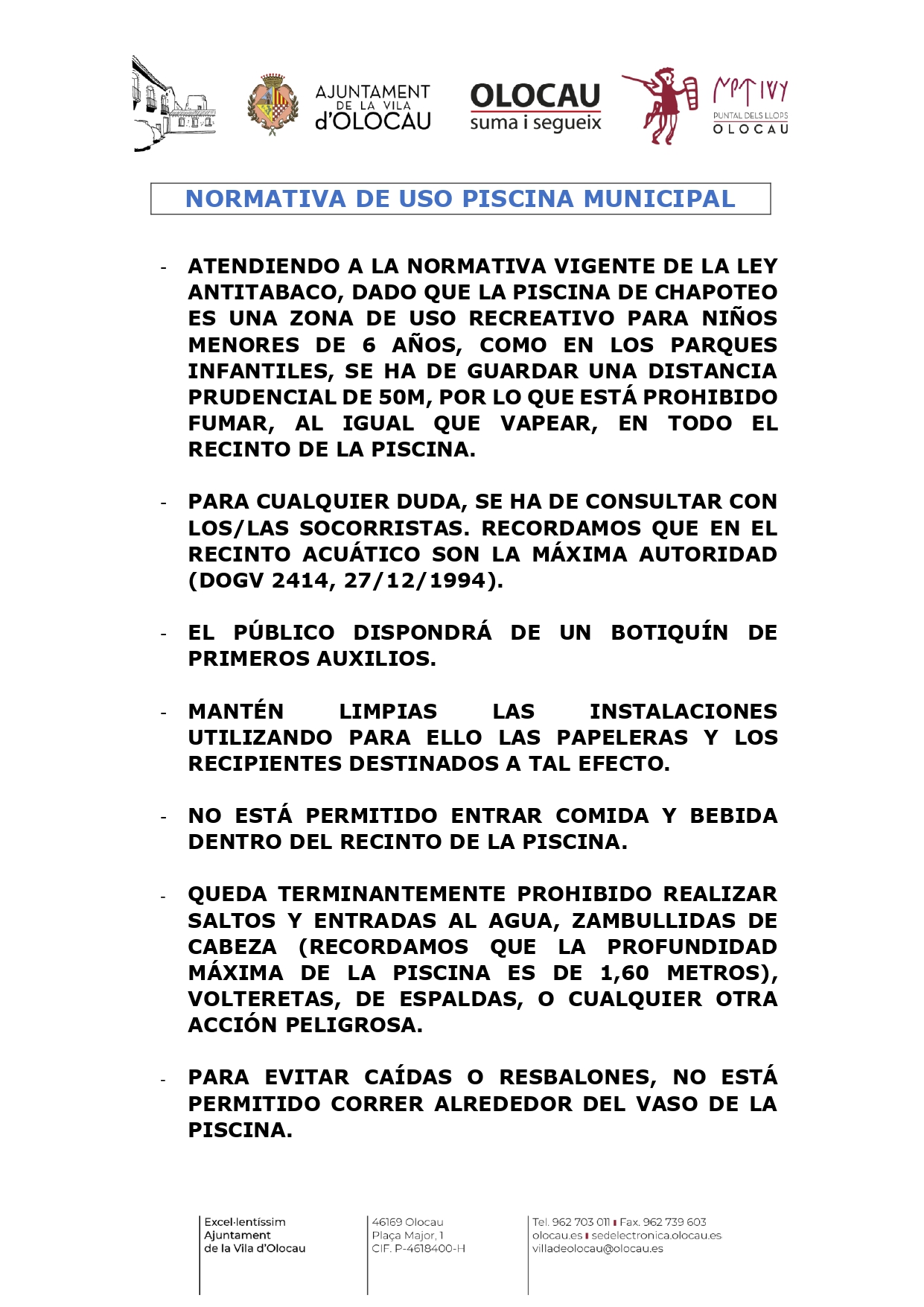 Normativa uso Piscina Municipal Olocau 2