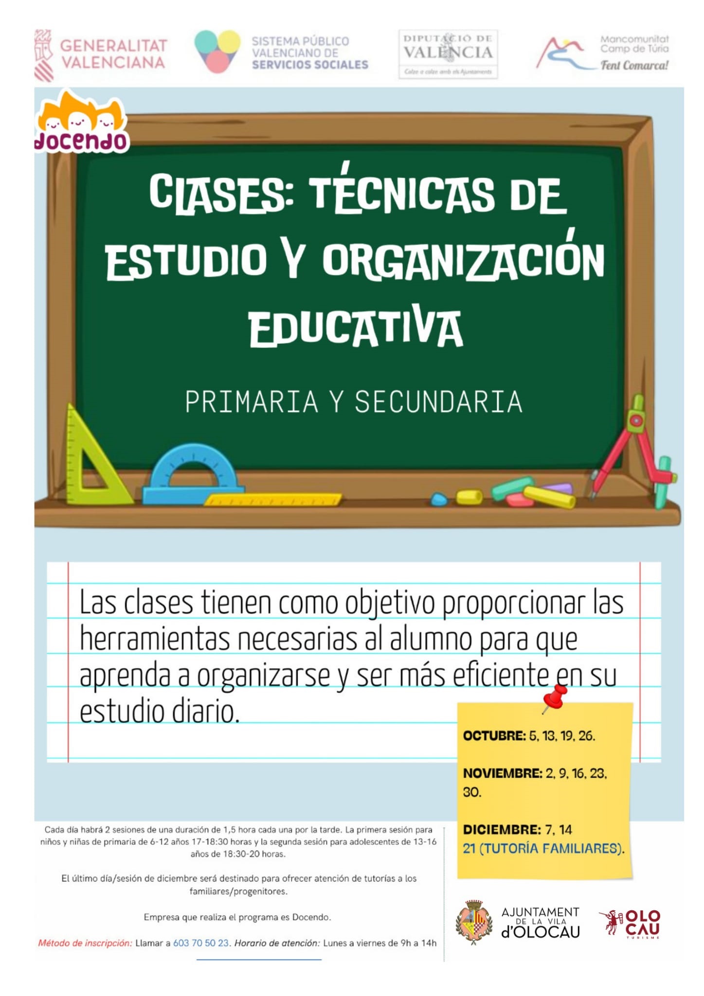 Cartel Clases de t&eacute;cnicas de estudio y organizaci&oacute;n educativa Olocau
