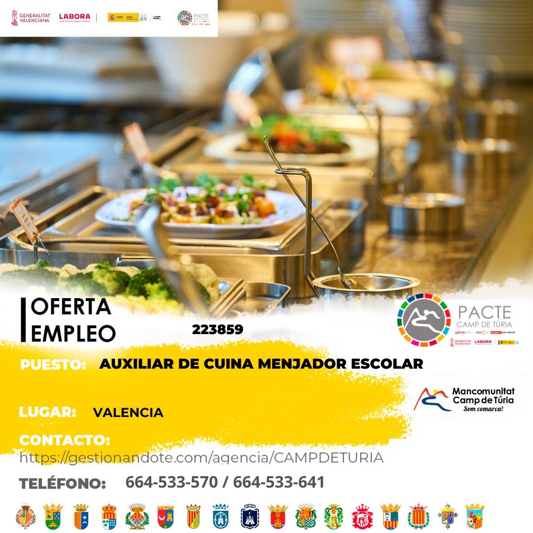 Oferta de empleo - Auxiliar de cocina comedor escolar en Valencia