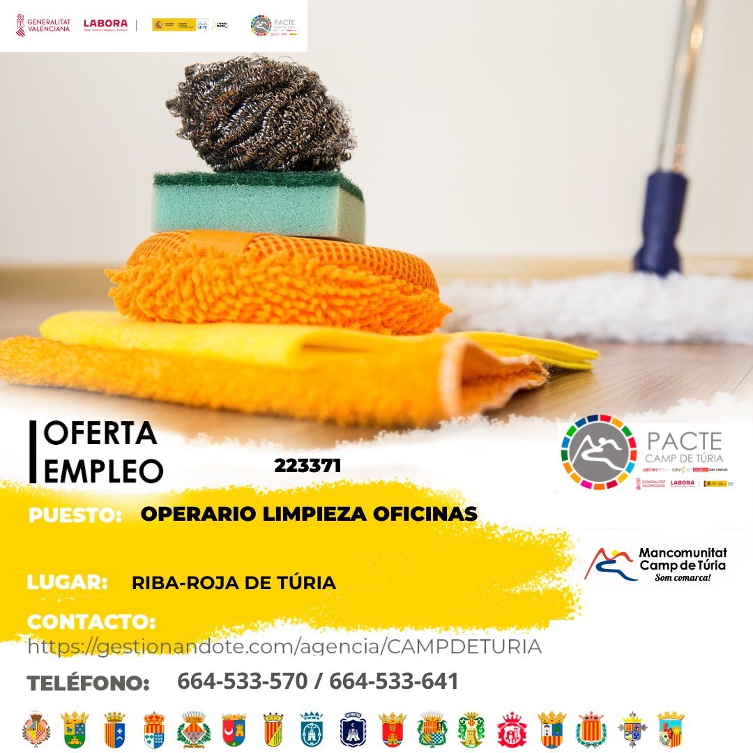 Oferta de empleo - Operario limpieza oficinas en Riba-Roja de Túria
