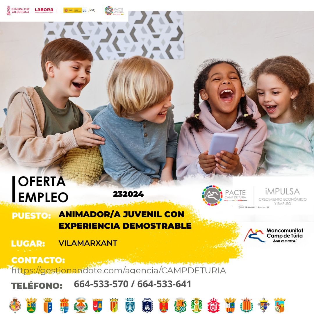 Oferta de empleo - Animador-a juvenil con experiencia demostrable en Vilamarxant