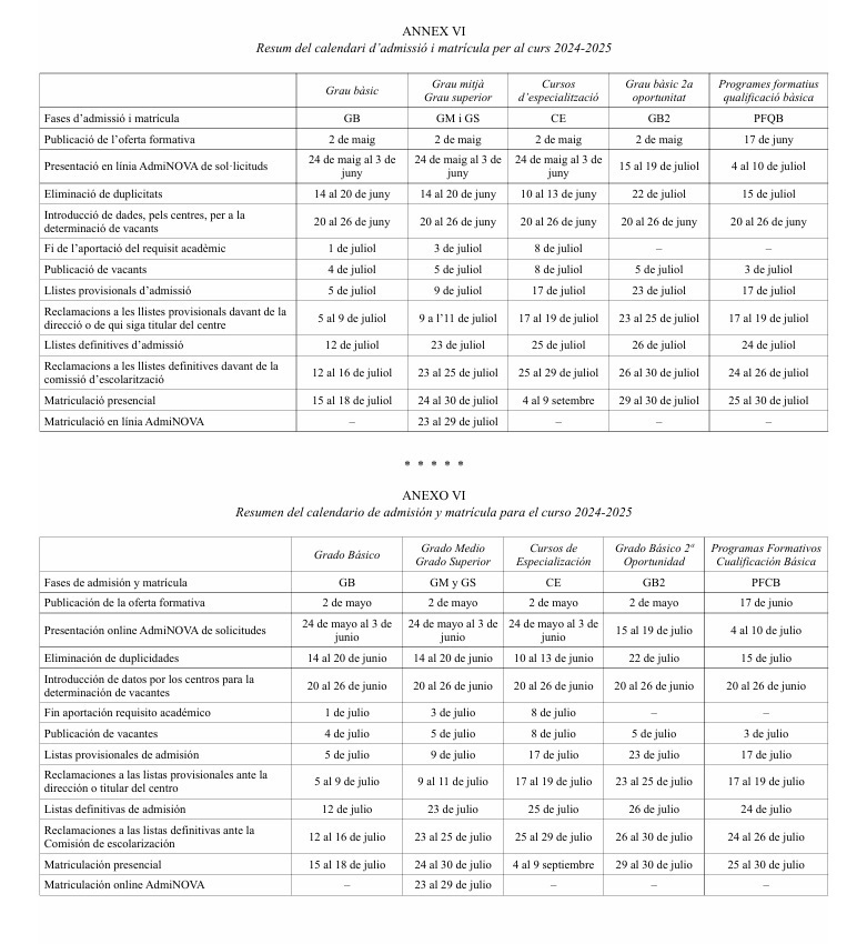 Calendario admisi&oacute;n y matr&iacute;cula curso 2024-2025