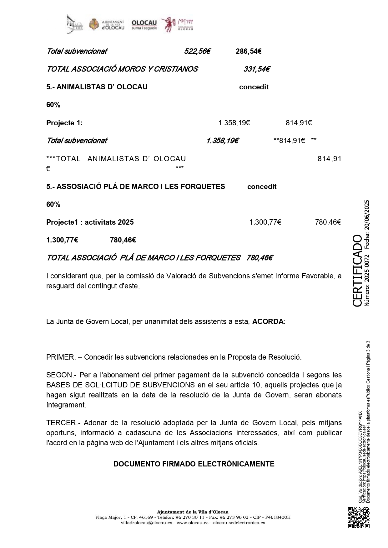 Certificado de acuerdo de la Junta de Gobierno Local en relaci&oacute;n con la concesi&oacute;n de subvenciones Olocau 3