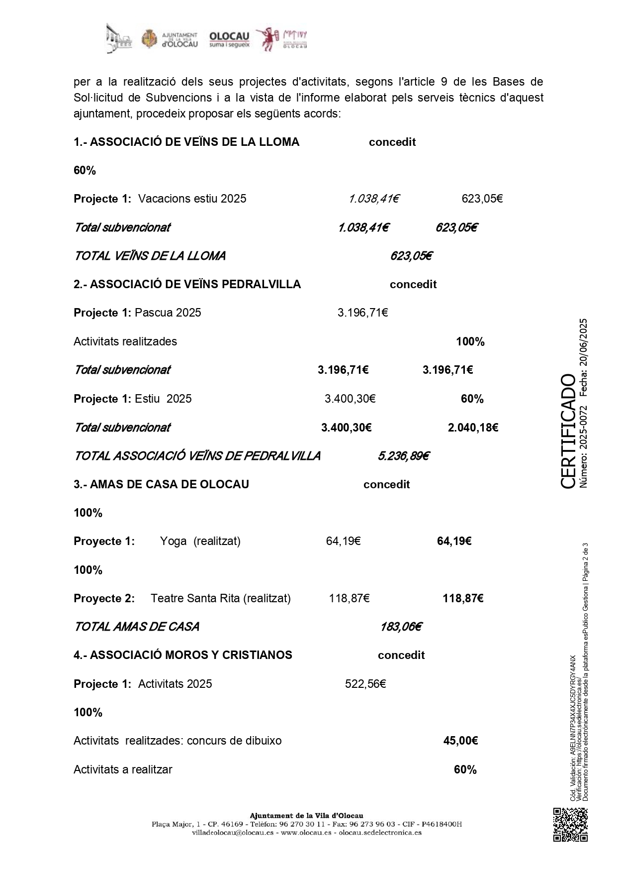 Certificado de acuerdo de la Junta de Gobierno Local en relaci&oacute;n con la concesi&oacute;n de subvenciones Olocau 2