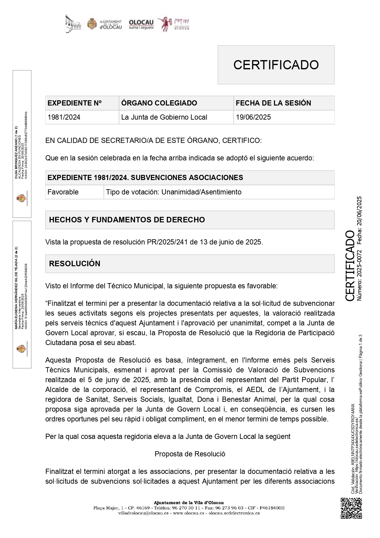 Certificado de acuerdo de la Junta de Gobierno Local en relaci&oacute;n con la concesi&oacute;n de subvenciones Olocau 1