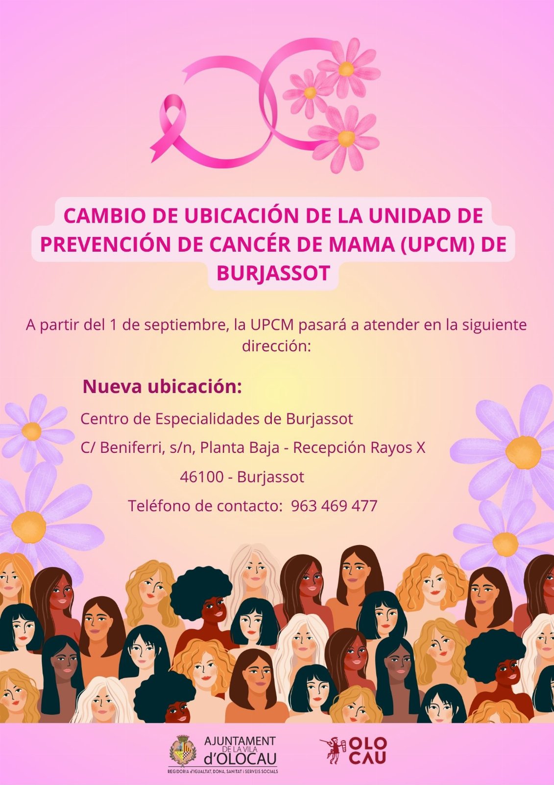 Cartel cambio ubicación Unidad de Prevención de Cáncer de Mama de Burjassot