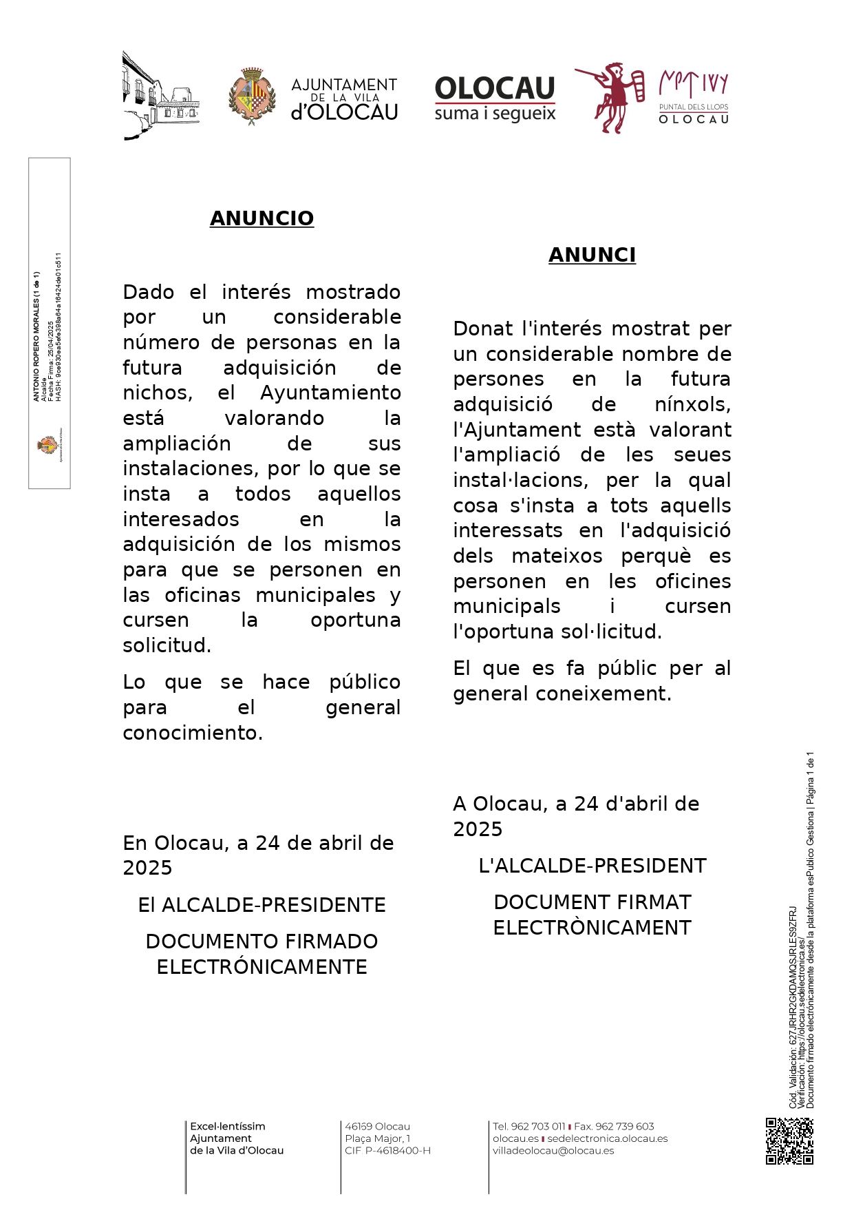 Anuncio respecto al inter&eacute;s mostrado por vecinos y vecinas en la adquisici&oacute;n de nichos Olocau