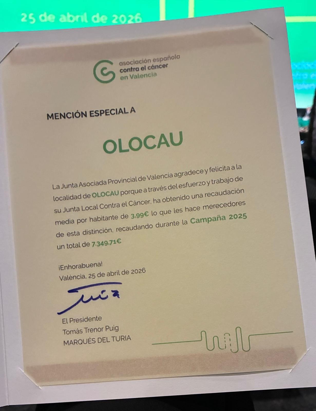 L'Associació Espanyola Contra el Càncer a València reconeix la labor de la Junta Local d'Olocau 2