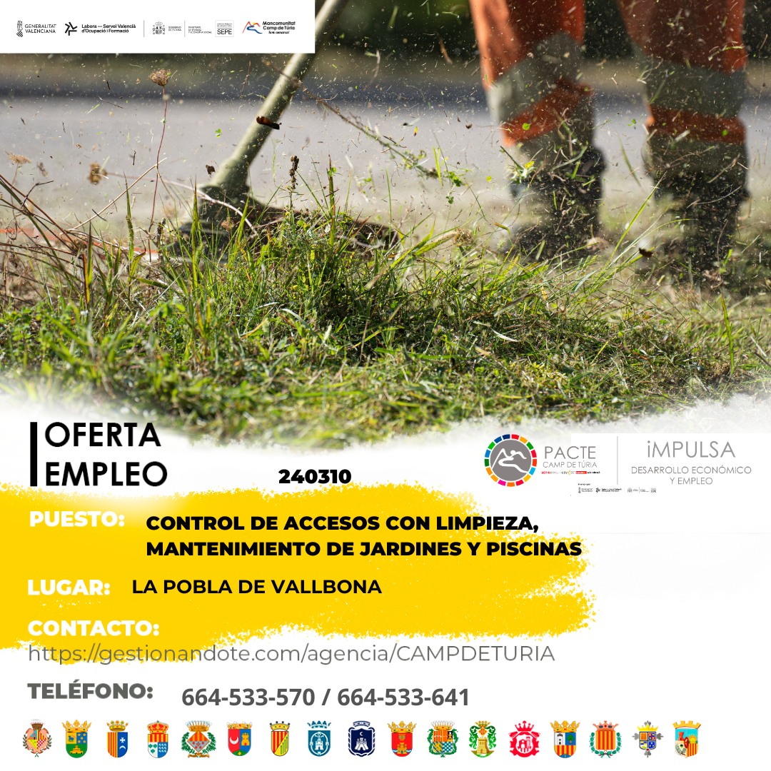 Oferta de empleo - Control de accesos con limpieza, mantenimiento de jardines y piscinas en la Pobla de Vallbona