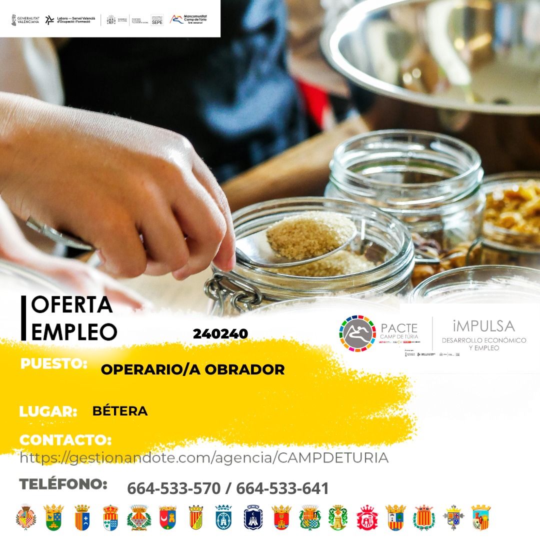 Oferta de empleo - Operario-a obrador en Bétera