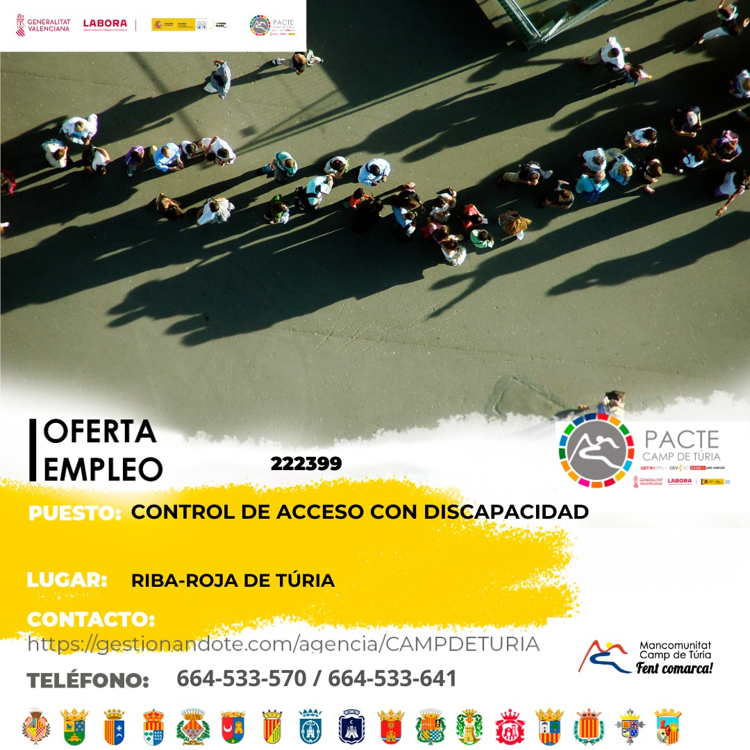 Oferta de empleo - Control de acceso con dicapacidad en Riba-roja de T&uacute;ria