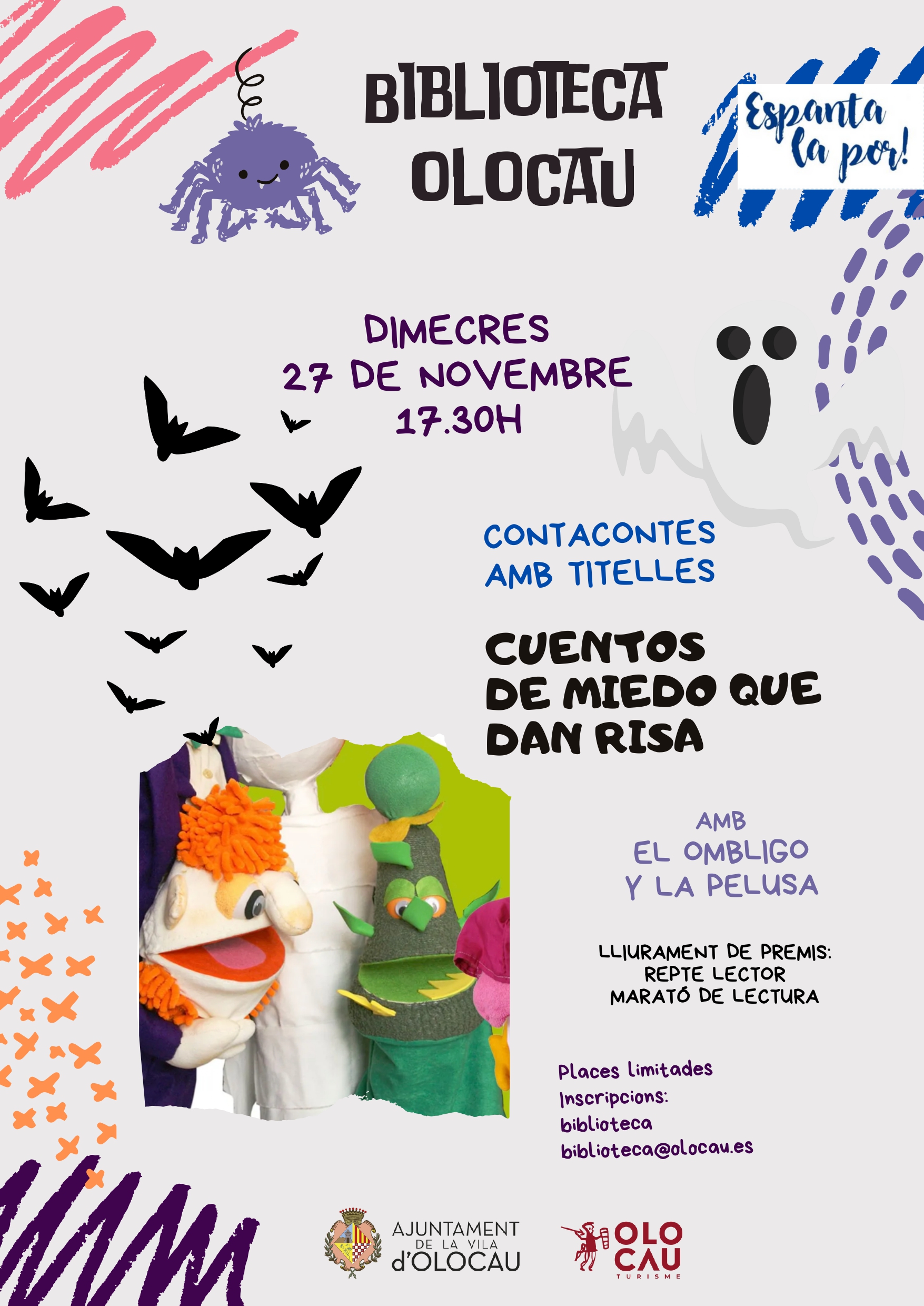 Cartel sesi&oacute;n de cuentacuentos con t&iacute;teres Cuentos de miedo que dan risa Olocau