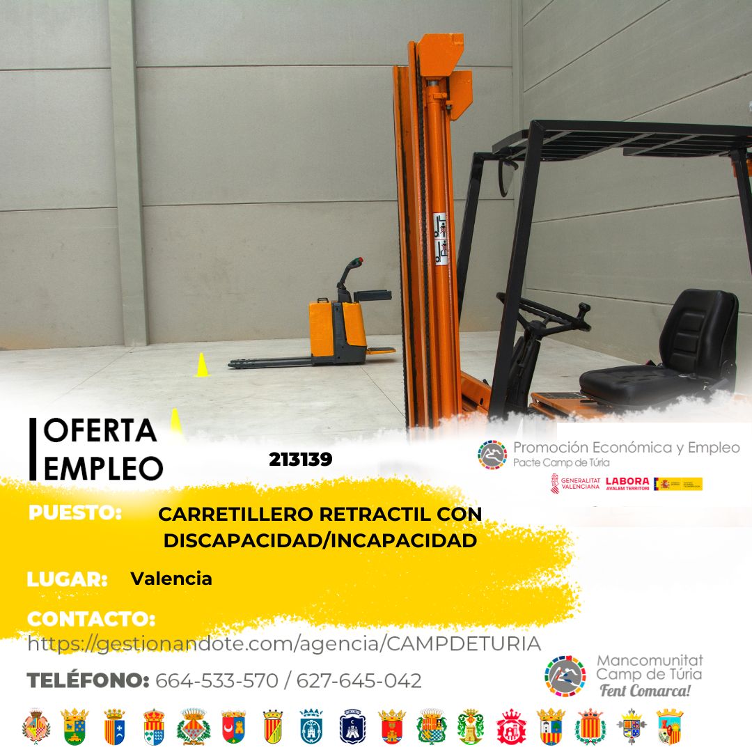 Oferta de empleo - Carretillero retráctil con discapacidad-incapacidad en Valencia