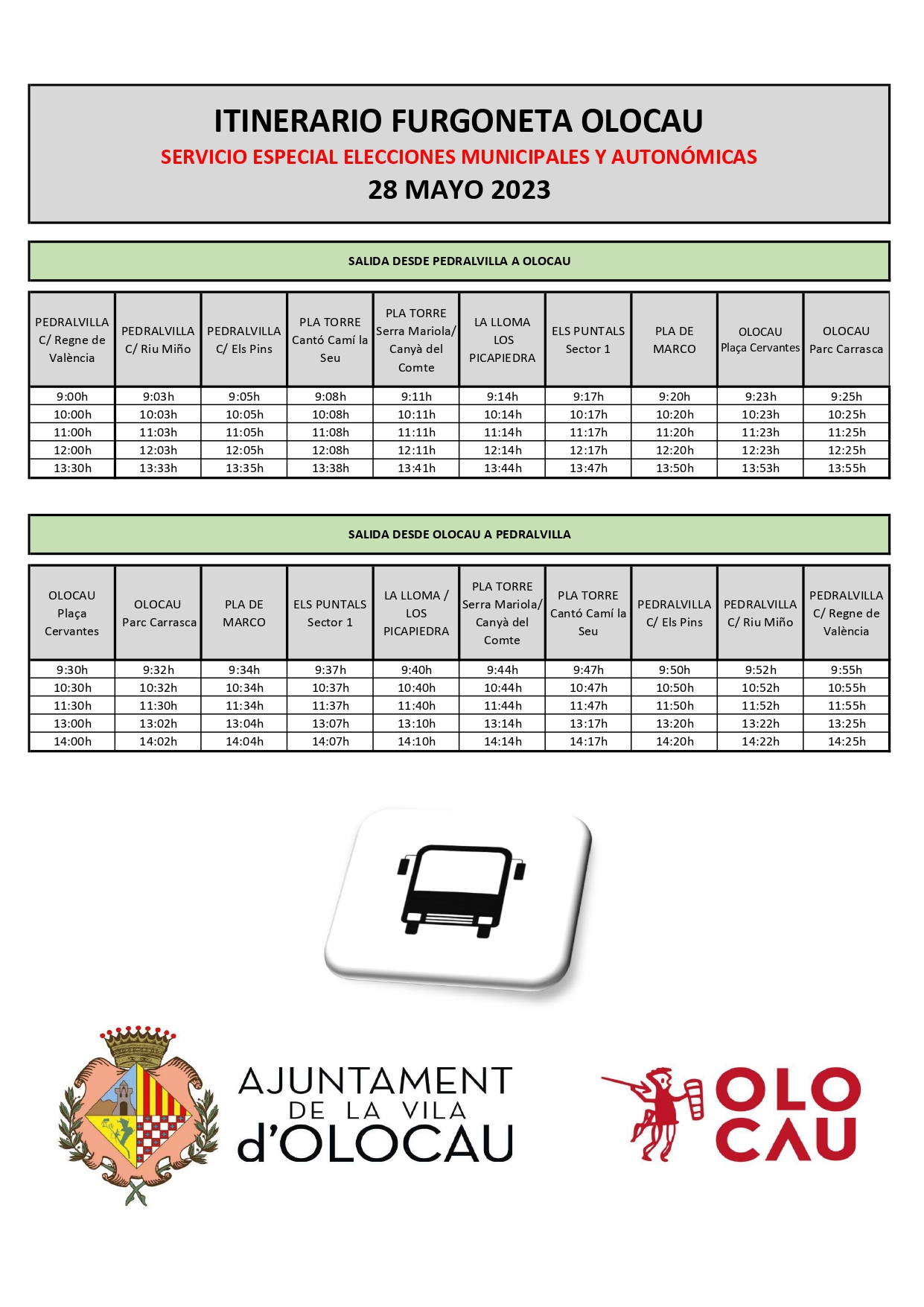 Itinerario transporte p&uacute;blico 28 mayo Olocau