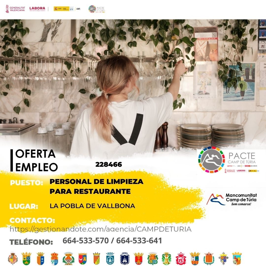 Personal de limpieza para restaurante en la Pobla de Vallbona